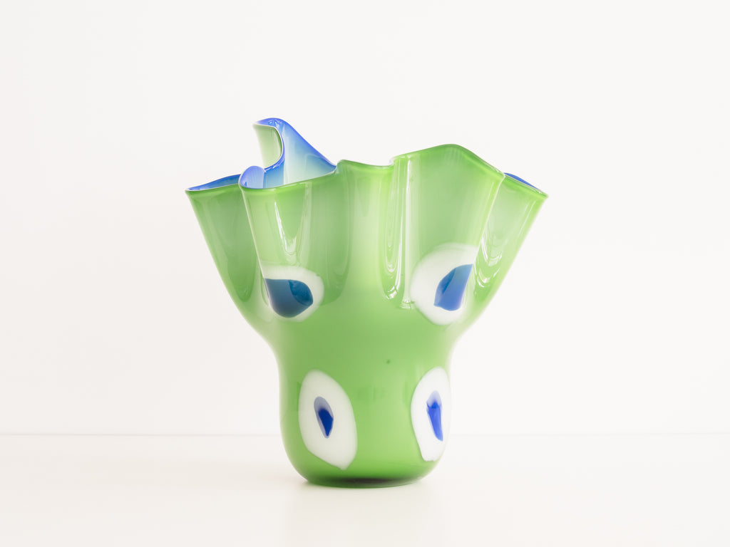 Vaso de Vidro Verde com Detalhes em Branco e Azul