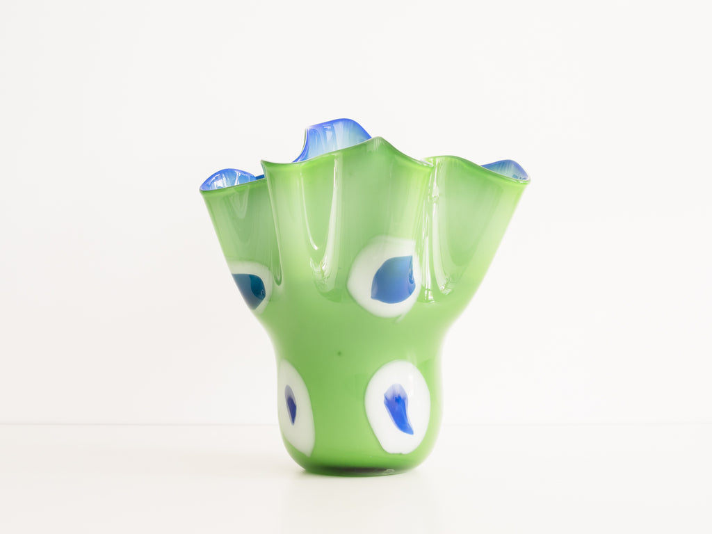 Vaso de Vidro Verde com Detalhes em Branco e Azul