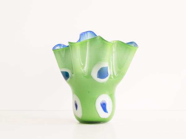 Vaso de Vidro Verde com Detalhes em Branco e Azul
