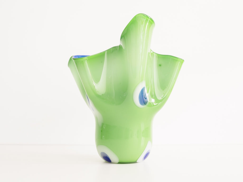 Vaso de Vidro Verde com Detalhes em Branco e Azul