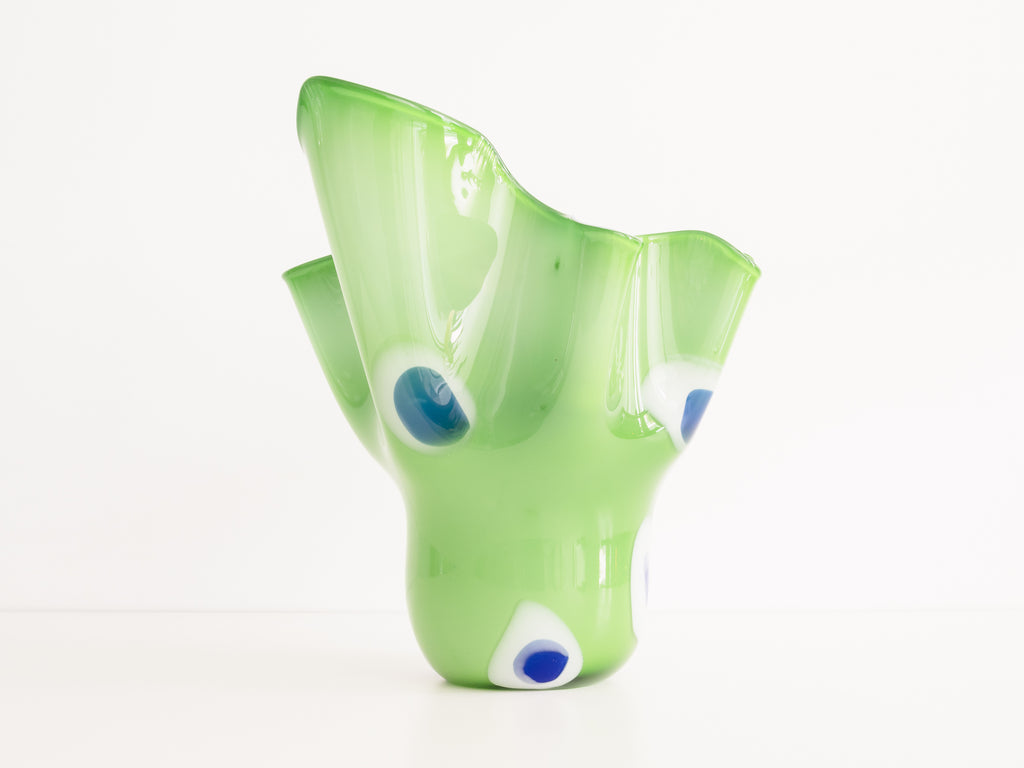 Vaso de Vidro Verde com Detalhes em Branco e Azul