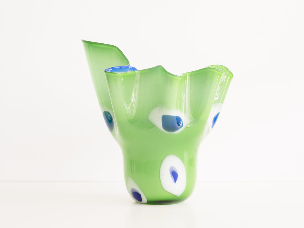 Vaso de Vidro Verde com Detalhes em Branco e Azul