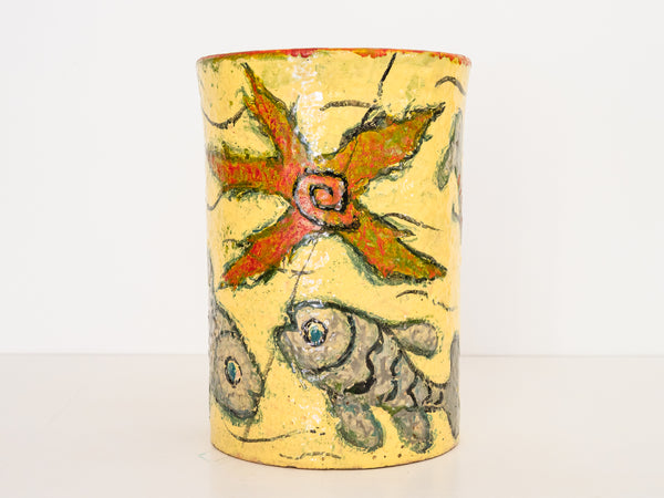 Vaso em Cerâmica com Figuras de Peixes e Flores