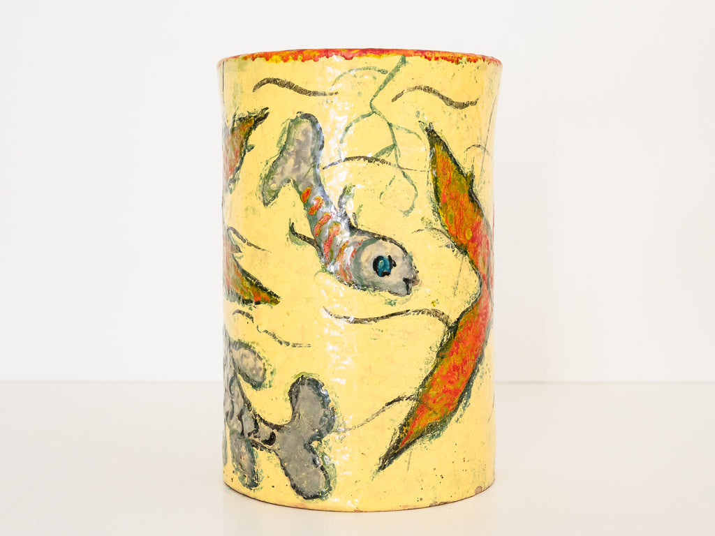 Vaso em Cerâmica com Figuras de Peixes e Flores