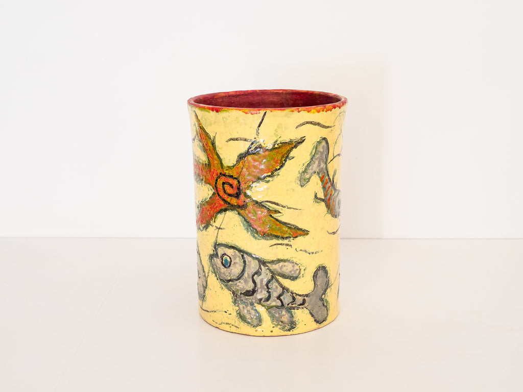 Vaso em Cerâmica com Figuras de Peixes e Flores