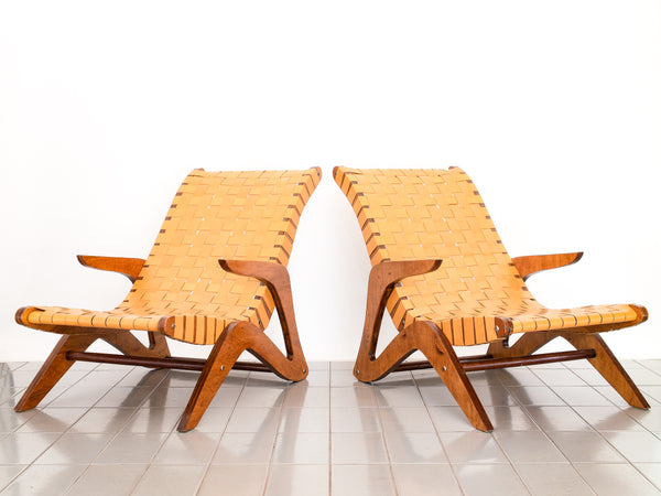 José Zanine Caldas | Par de Espreguiçadeira em Couro Trançado