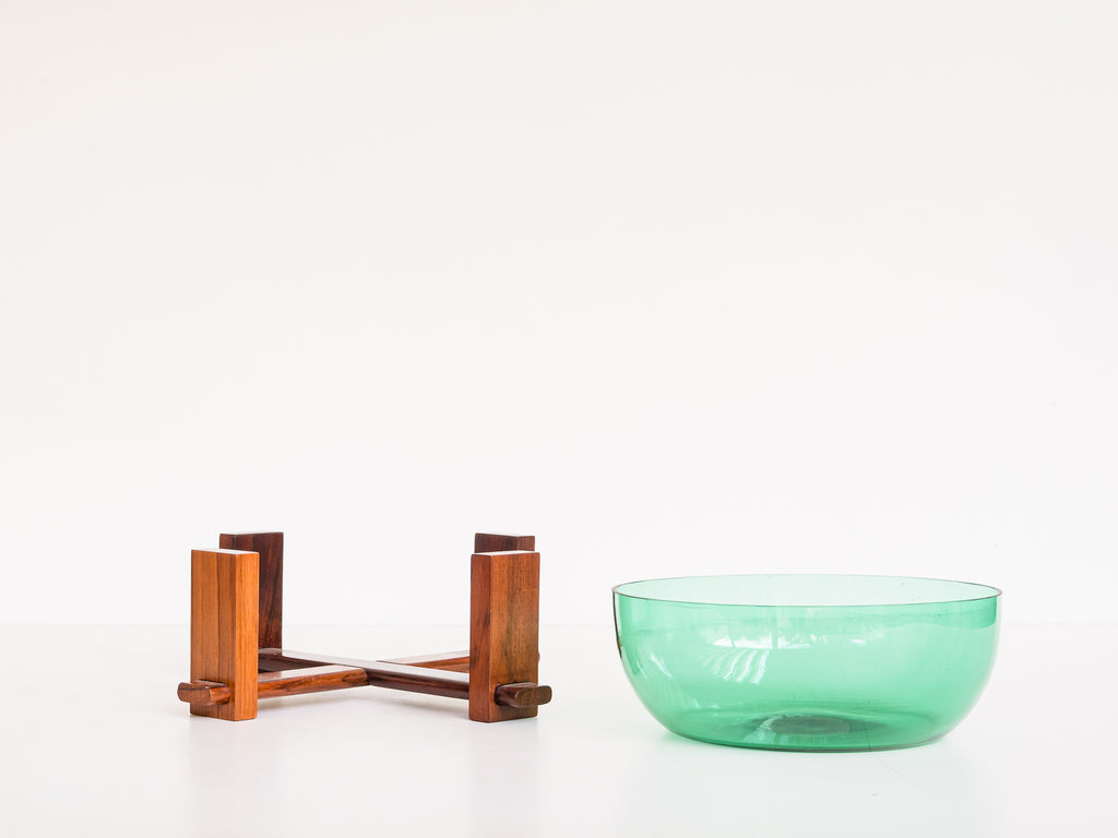 Bowl em Vidro Verde com Suporte em Jacarandá